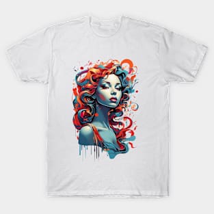 Women with Flowers in Her Hair: Blooming Beauty - Colorful T-Shirt